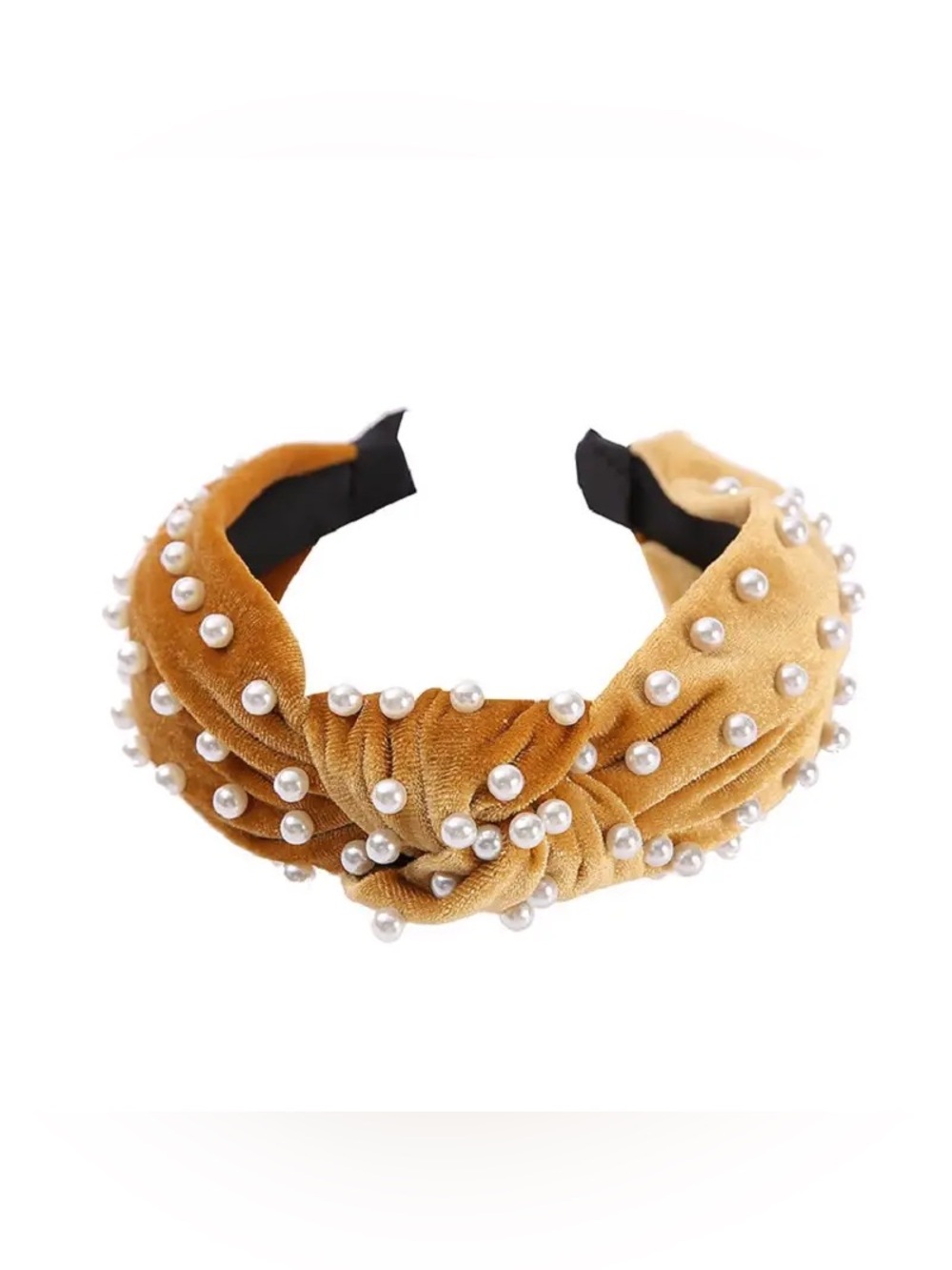 Pearl-Embellished Velvet Headband in Mustard